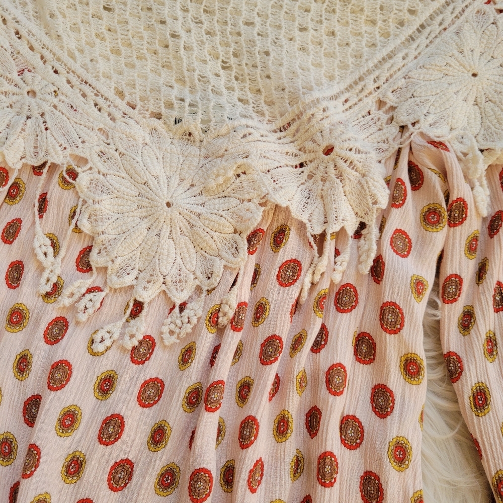 Tassels Lace Dress Cream Orange Paisley Boho Long Sleeve Crochet Peasant Neck S - Picture 3 of 10